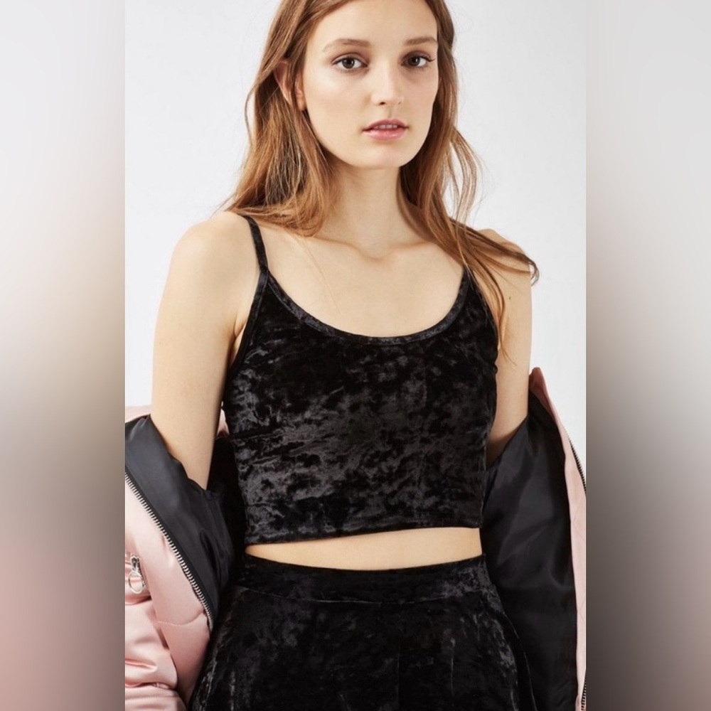 Topshop Gray/Green Crushed Velvet Spaghetti Strap Crop Top | Size 2